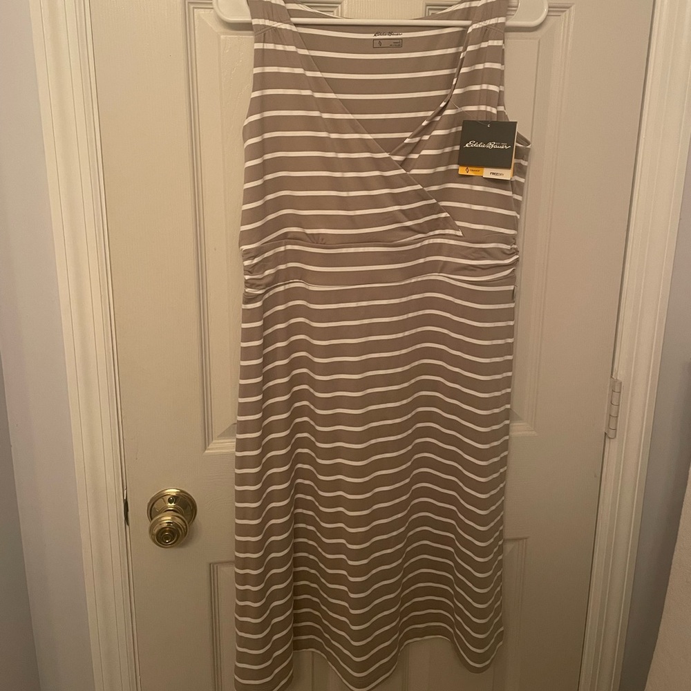 Eddie Bauer Taupe and White Striped Sleeveless Dress